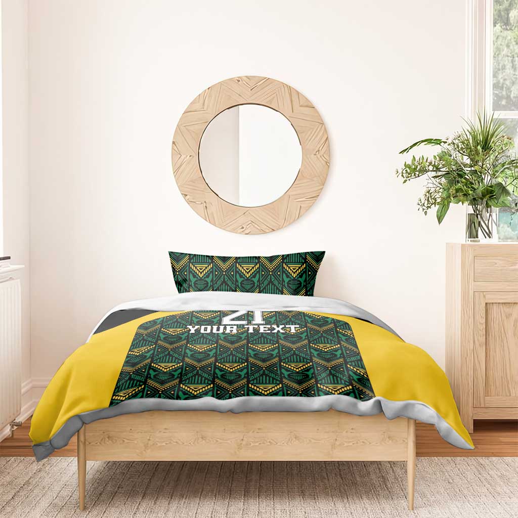 Custom bedding set with black, green, yellow ethnic pattern and number 21, Your Text