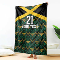 Custom football blanket, black with yellow cross, green ethnic pattern, '21 Your Text'.