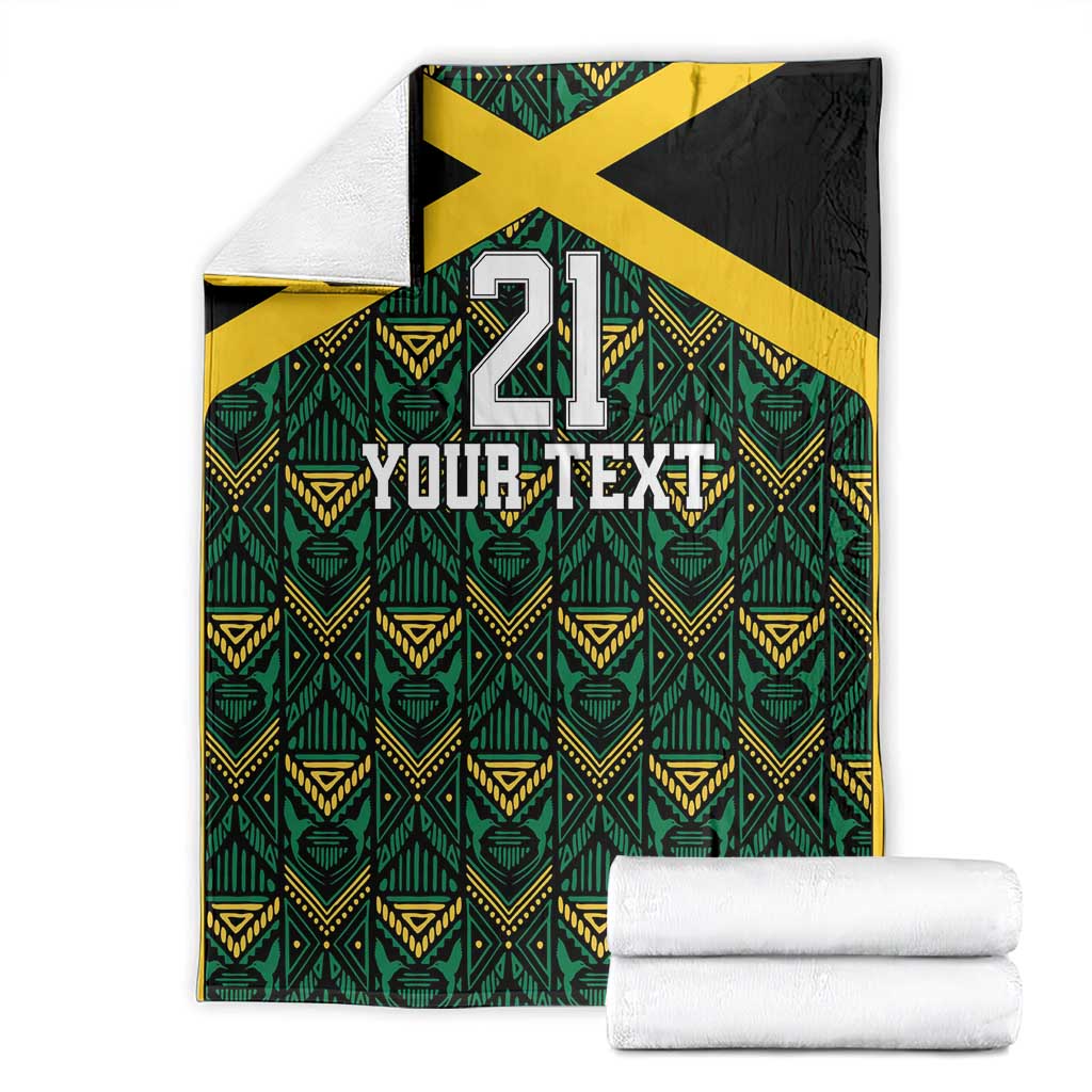 Custom football blanket flat lay, black with yellow X, green ethnic pattern, '21 Your Text'.