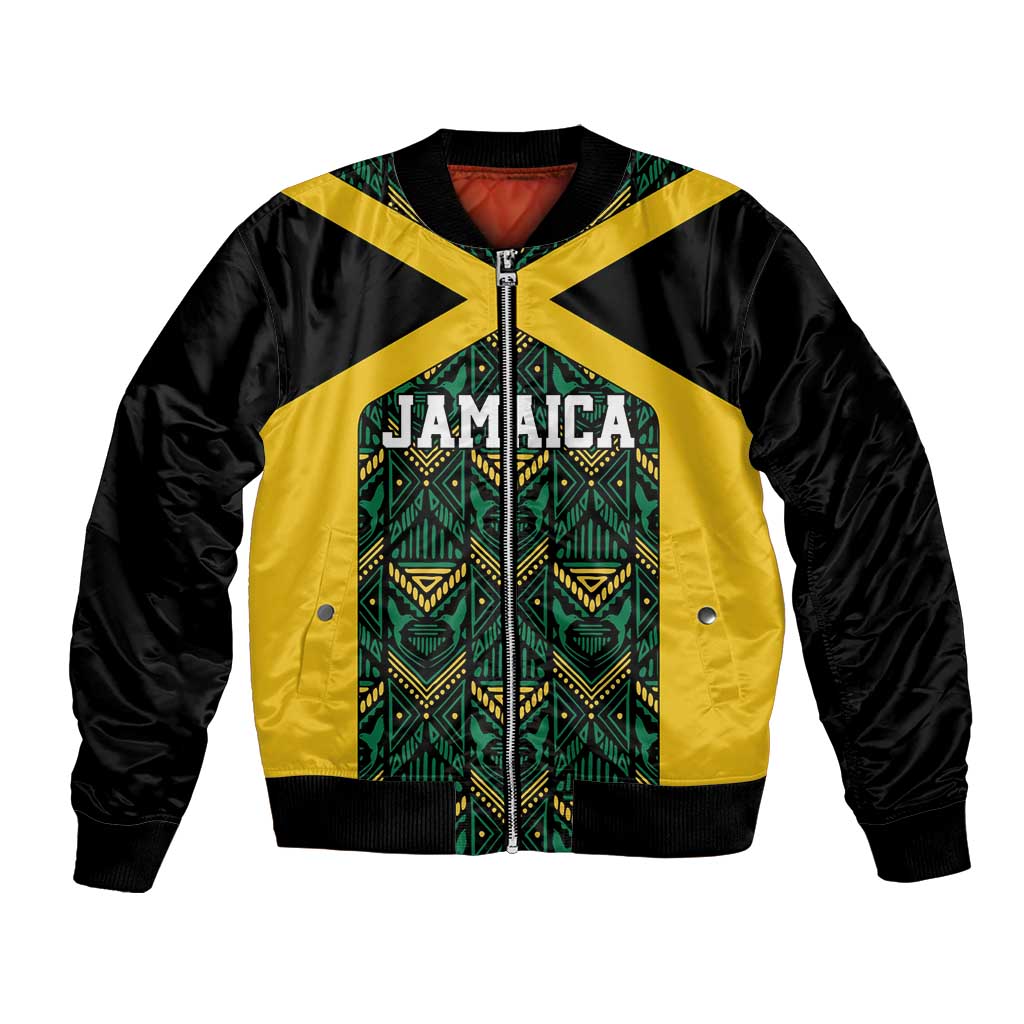 Unisex bomber jacket, black with yellow trim and teal Jamaica graphic front