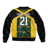 Unisex bomber jacket, black with yellow panels and teal 21 front graphic, varsity style