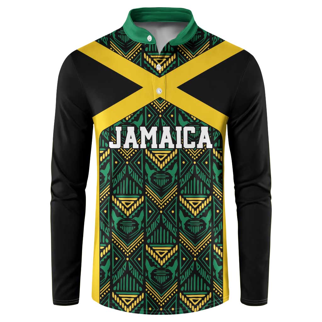 Black sweatshirt with Jamaica graphic, green/gold ethnic motifs, button placket