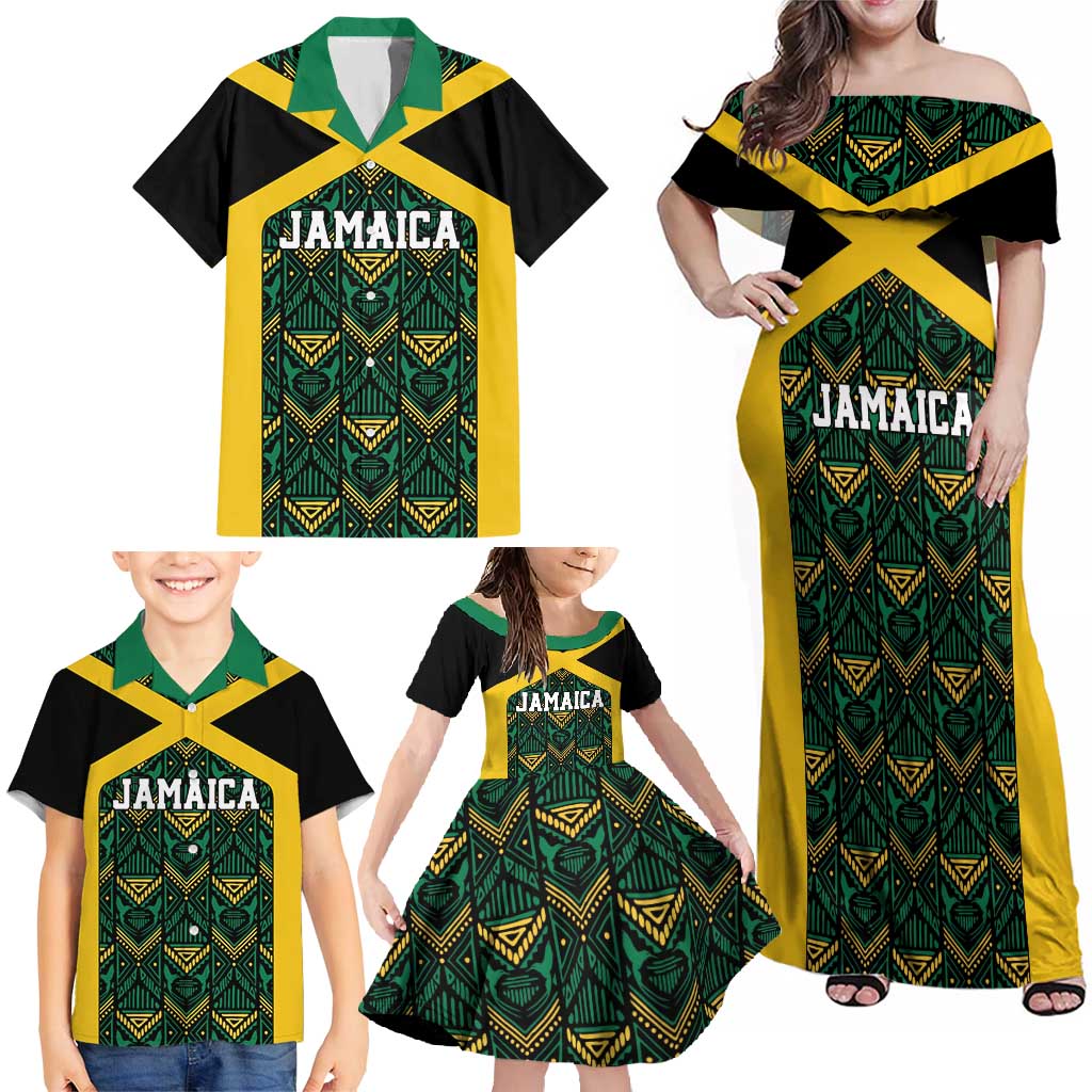 Jamaica Football Custom Family Matching Off Shoulder Maxi Dress and Hawaiian Shirt Black Ethnic Motifs