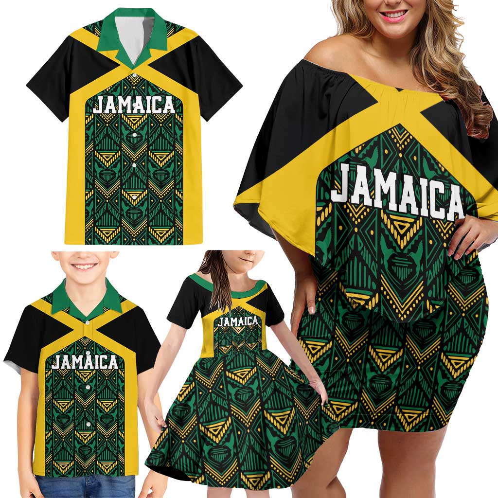 Jamaica Football Custom Family Matching Off Shoulder Short Dress and Hawaiian Shirt Black Ethnic Motifs