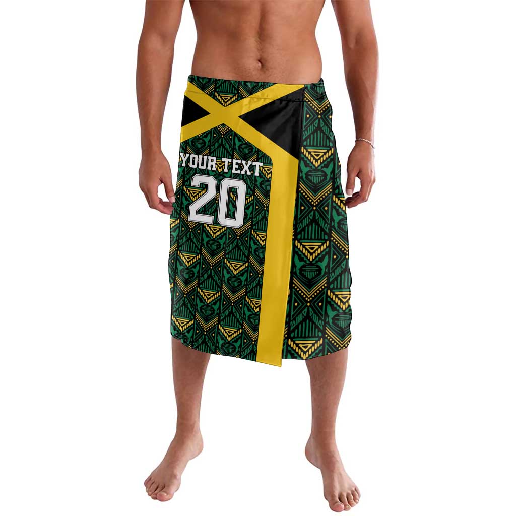 Men's knee-length lavalava shorts, green/black tribal print, yellow side panel, '20'