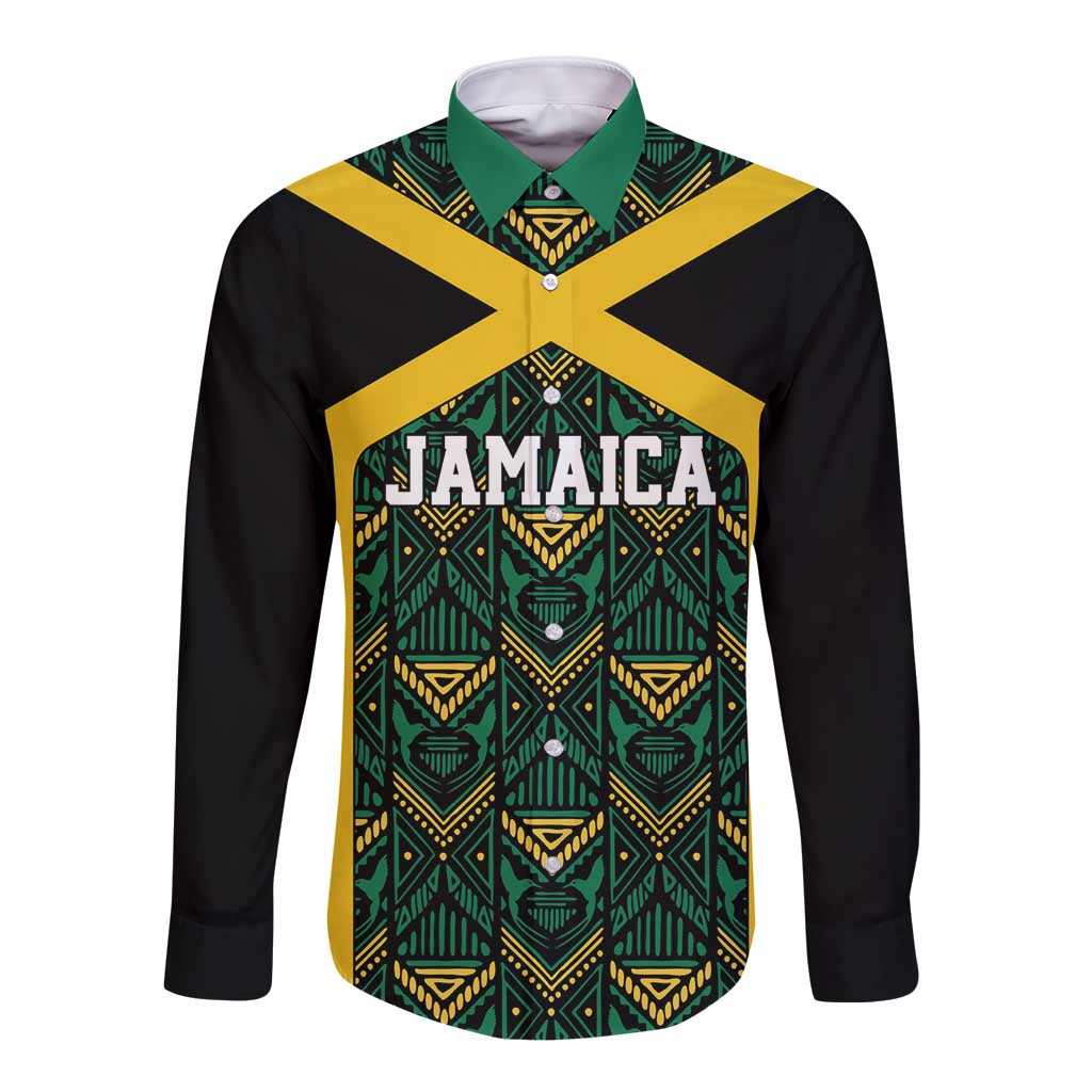 Black long-sleeve button shirt with Jamaica graphic and green/yellow geometric motifs