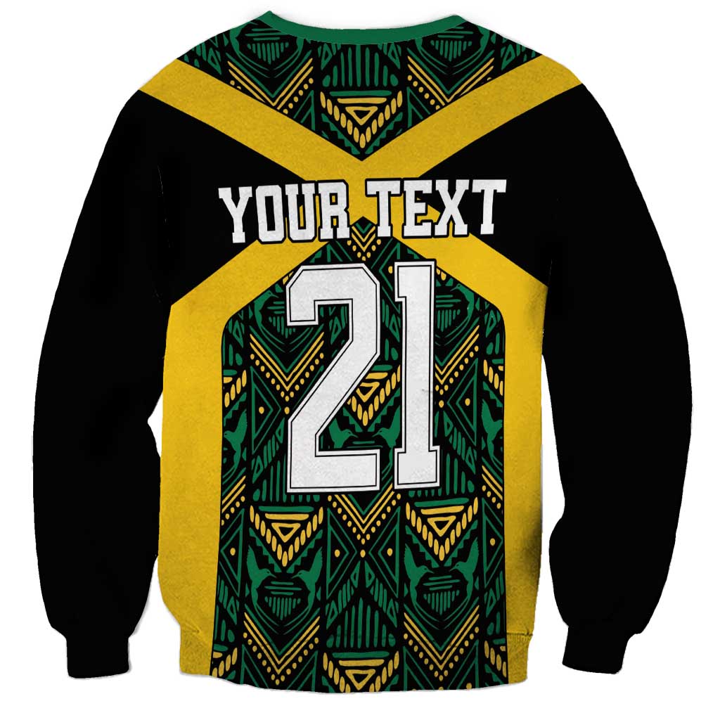 Black crewneck sweatshirt with green-yellow ethnic pattern, back 'YOUR TEXT' and 21