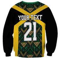 Black crewneck sweatshirt with green-yellow ethnic pattern, back 'YOUR TEXT' and 21