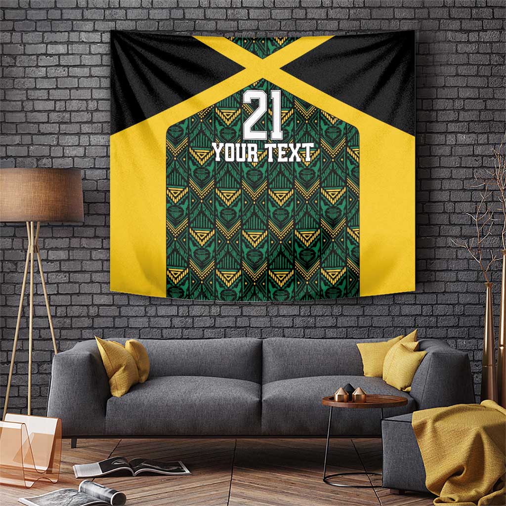 Black tapestry with yellow X, green pattern panel, 21 and 'YOUR TEXT'