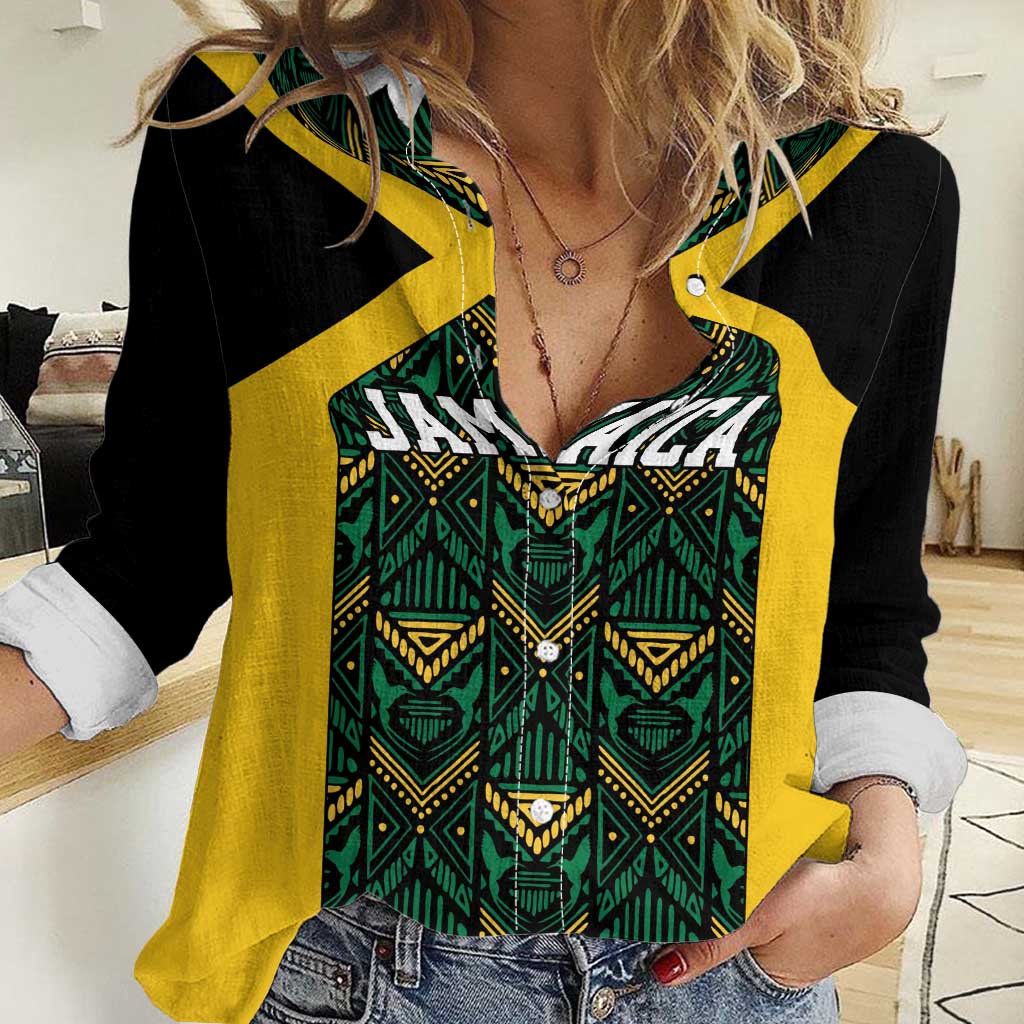 Jamaica Football Custom Women Casual Shirt Black Ethnic Motifs