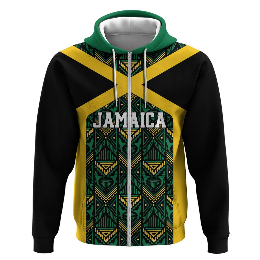 Jamaica Football Custom Zip Hoodie Black Ethnic Motifs - Wonder Print Shop