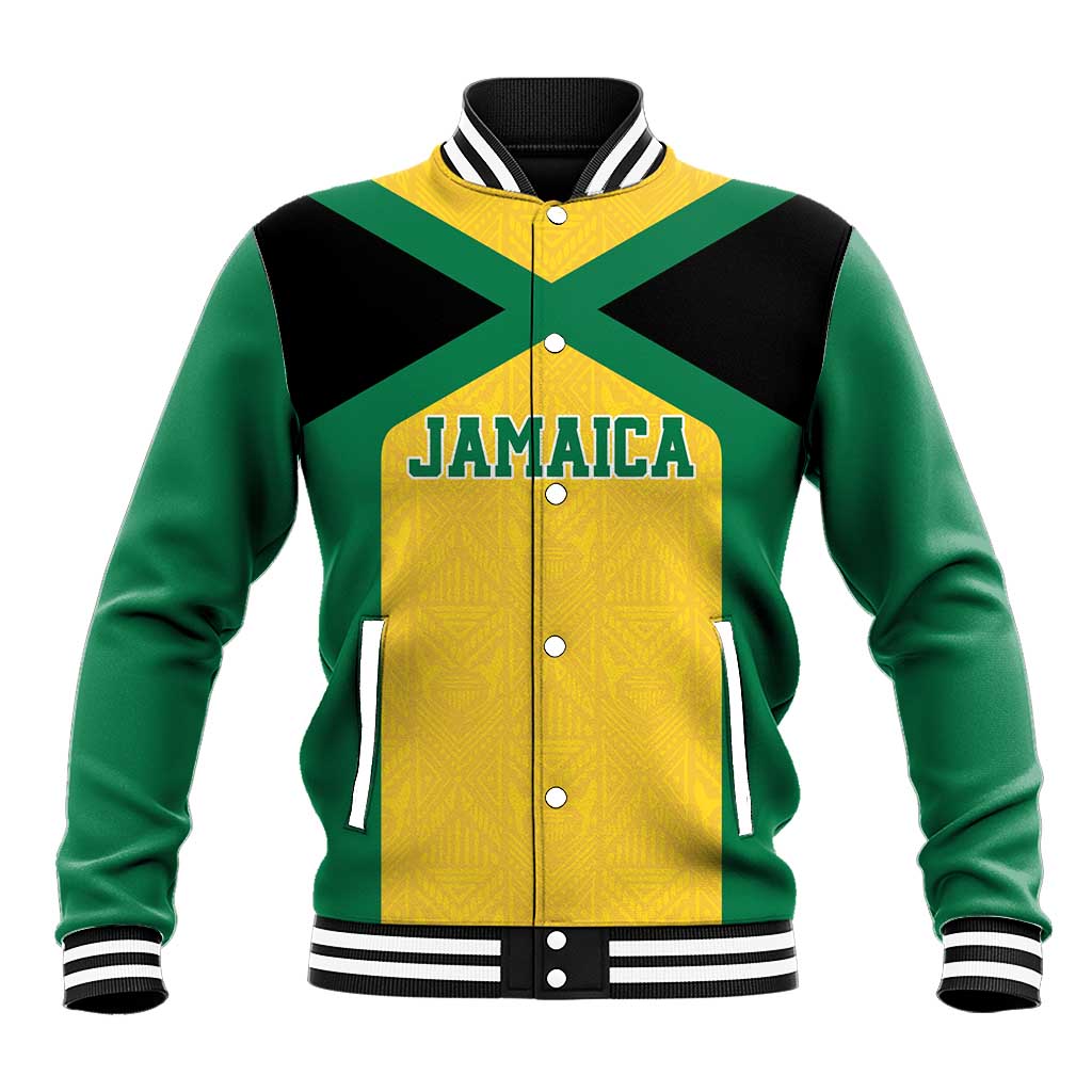 Jamaica-inspired varsity baseball jacket in green, black and gold with snap buttons