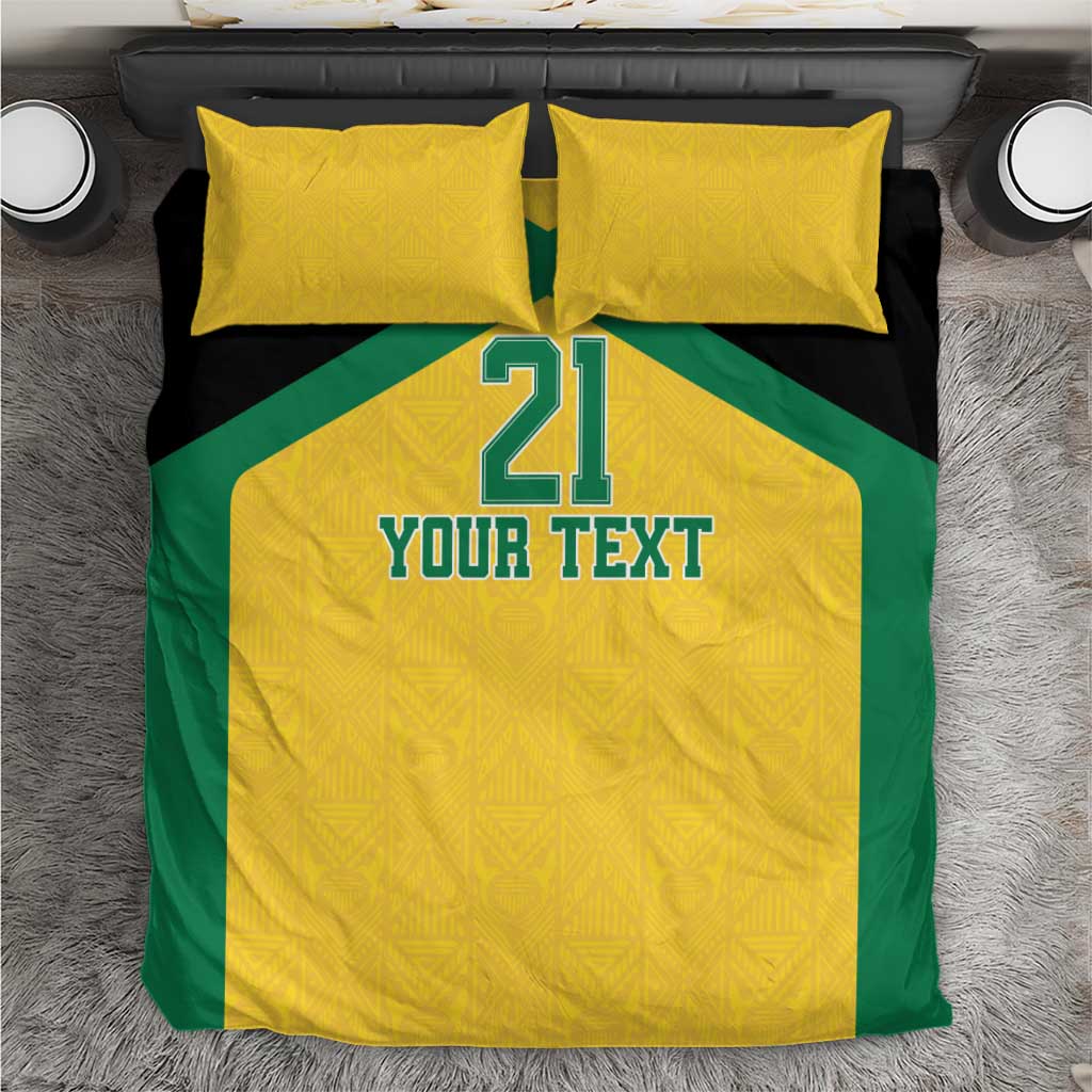 Personalized football bedding set with yellow and green duvet and two yellow pillowcases, 21 YOUR TEXT