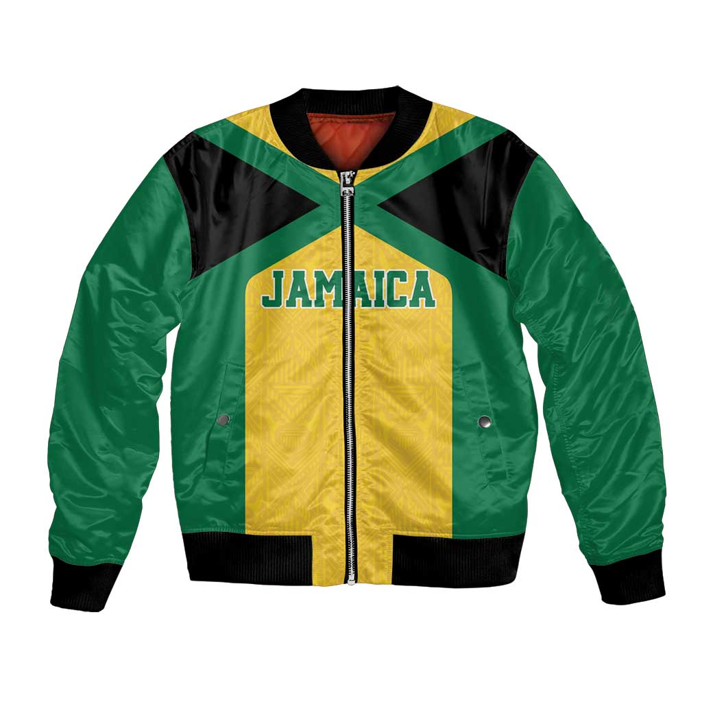Unisex Jamaica bomber jacket with gold, green, black panels and front zipper