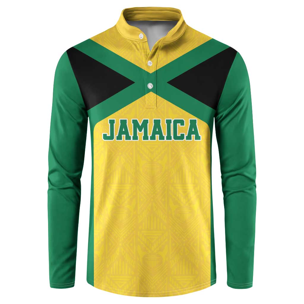 Button-front sweatshirt with JAMAICA chest print, yellow pattern, green sleeves, black cross