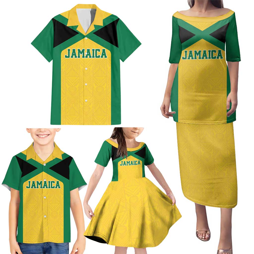 Jamaica Football Custom Family Matching Puletasi and Hawaiian Shirt Gold Ethnic Motifs