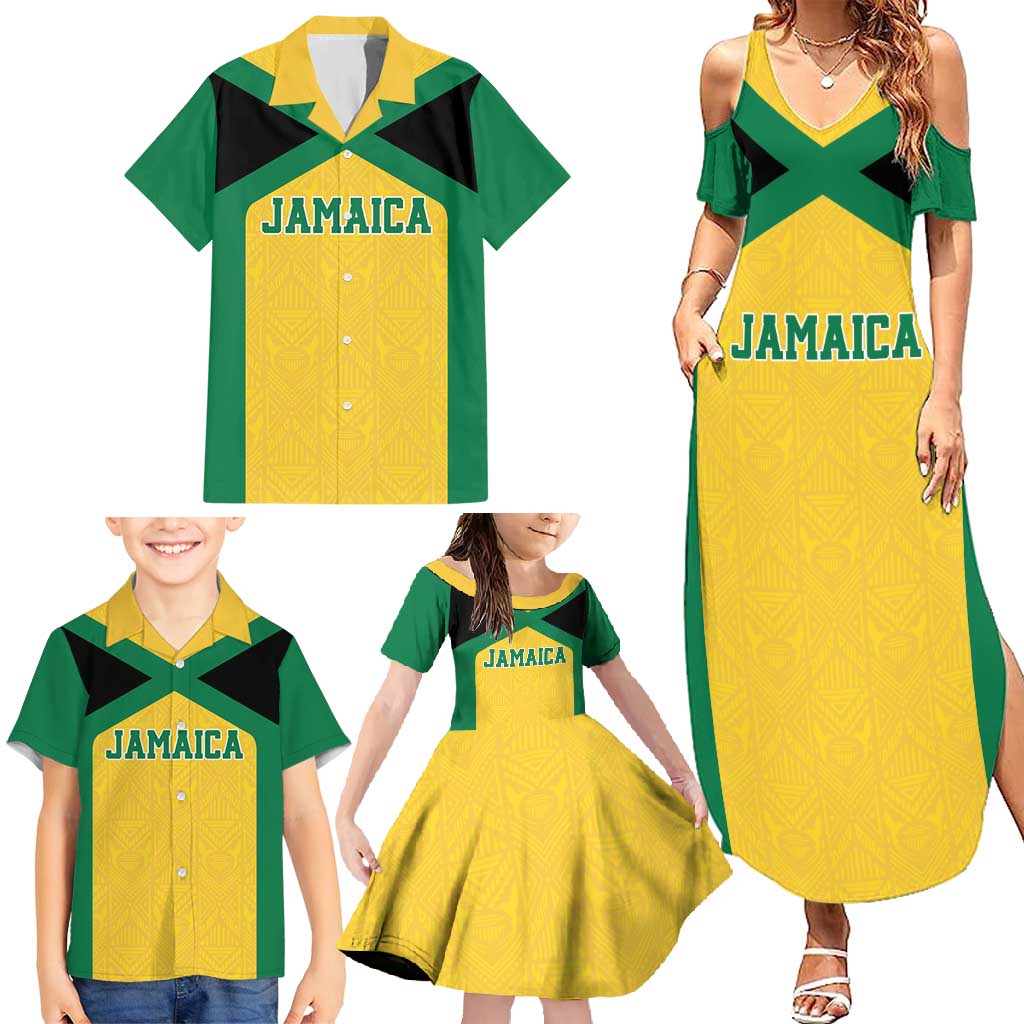 Jamaica Football Custom Family Matching Summer Maxi Dress and Hawaiian Shirt Gold Ethnic Motifs