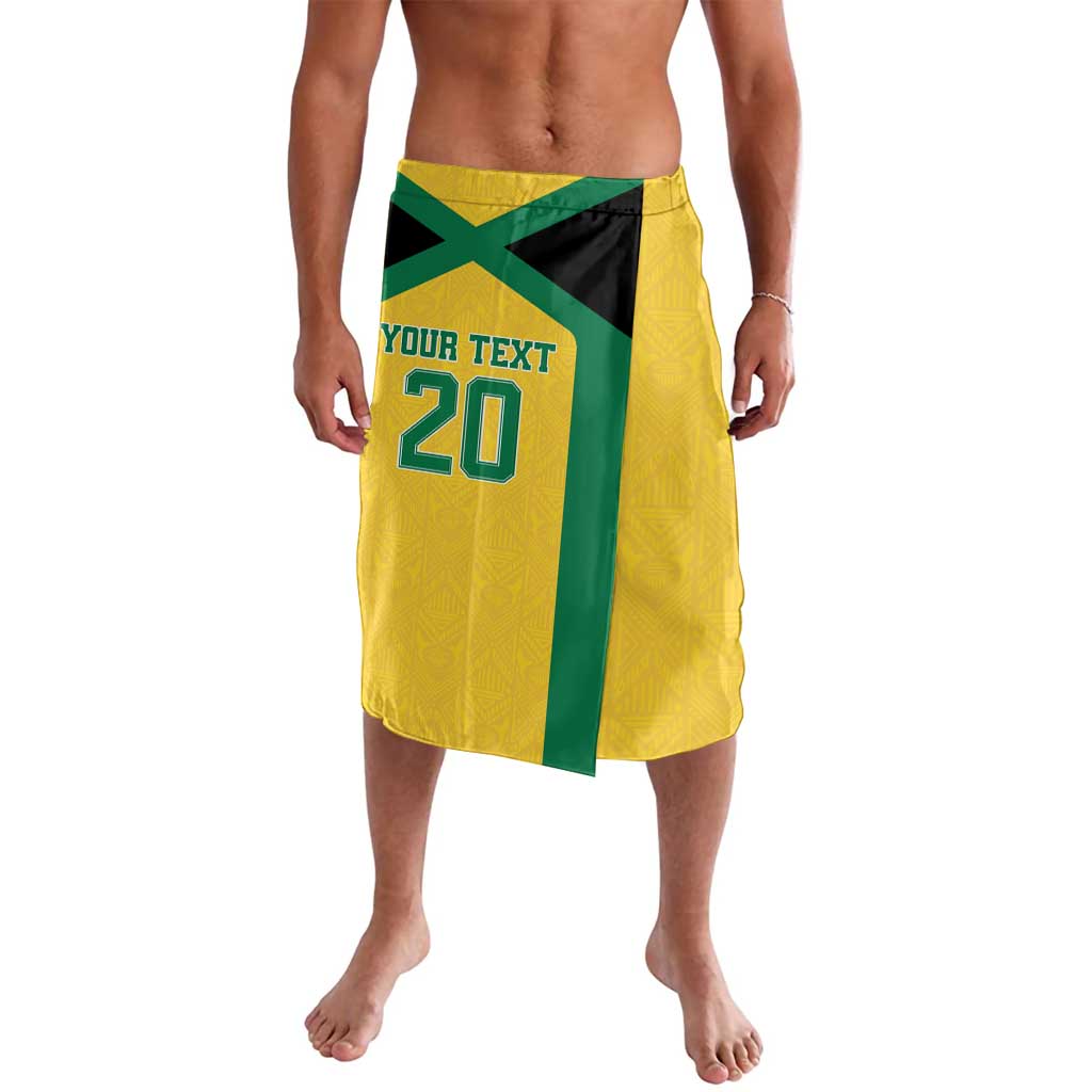 Gold lavalava skirt with green diagonal stripe and custom text 'YOUR TEXT' 20