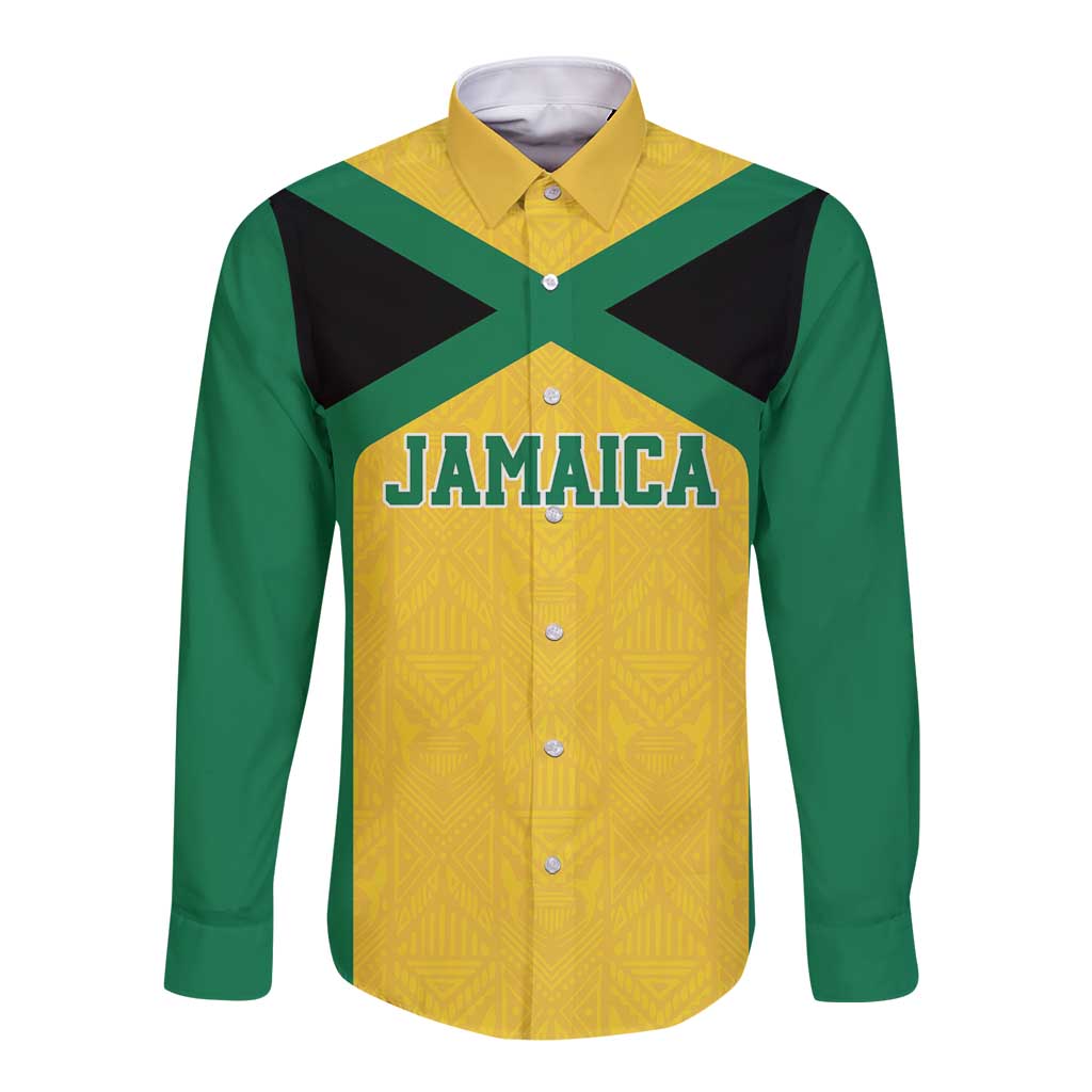 Gold long-sleeve button shirt with Jamaica front graphic, green sleeves, black shoulders