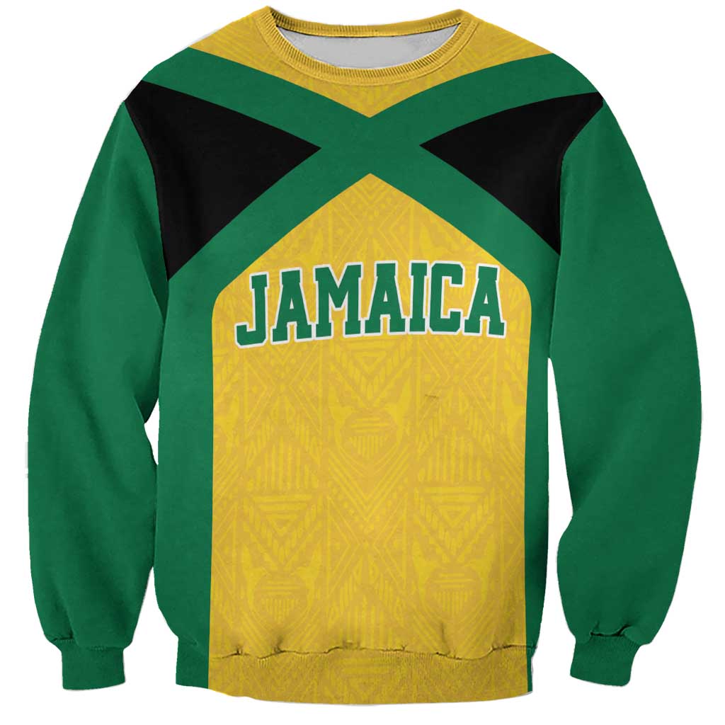 Unisex gold and green crewneck sweatshirt with Jamaica front graphic and ethnic motif panel