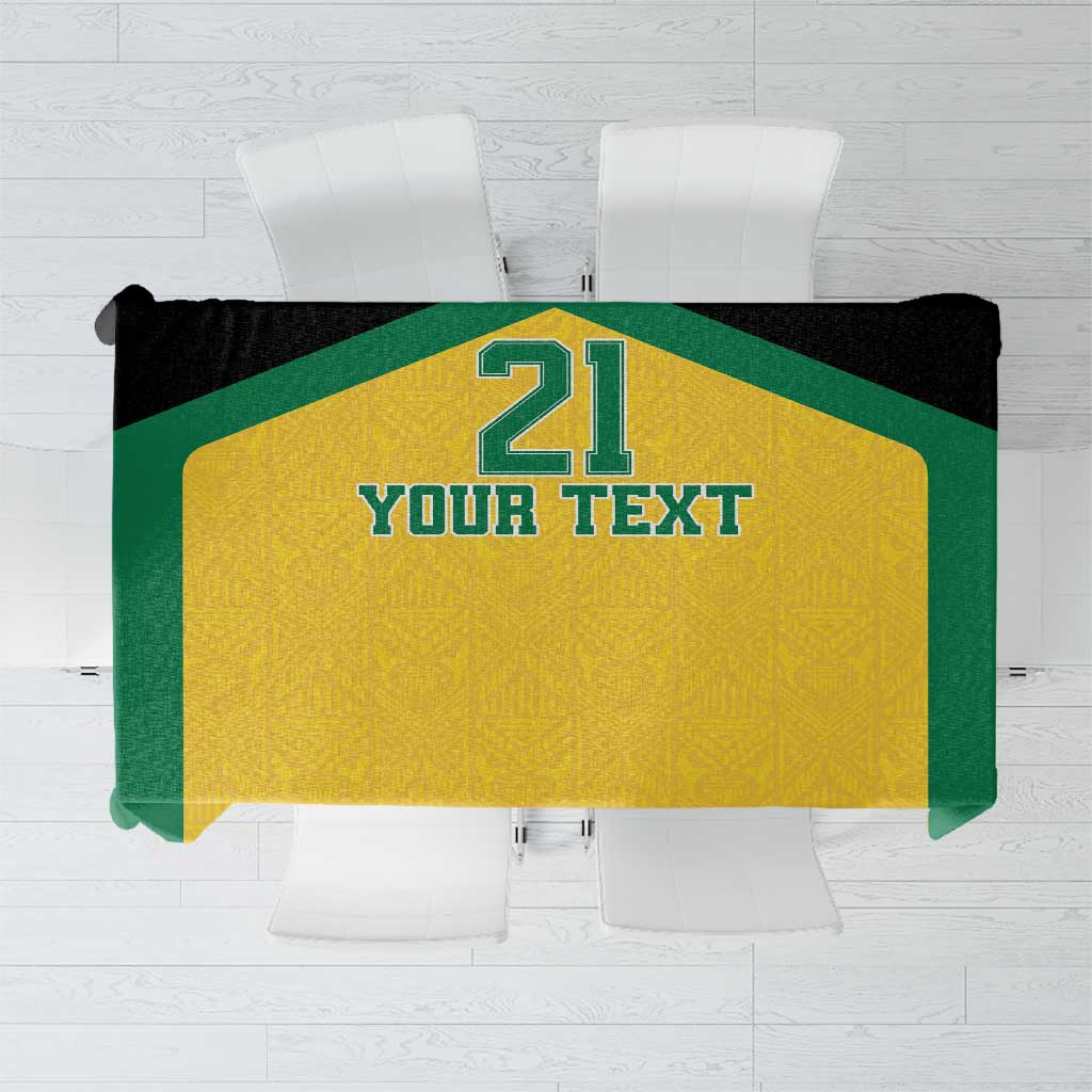 Custom tablecloth with gold panel, green frame, black edges, and “21 YOUR TEXT” graphic.