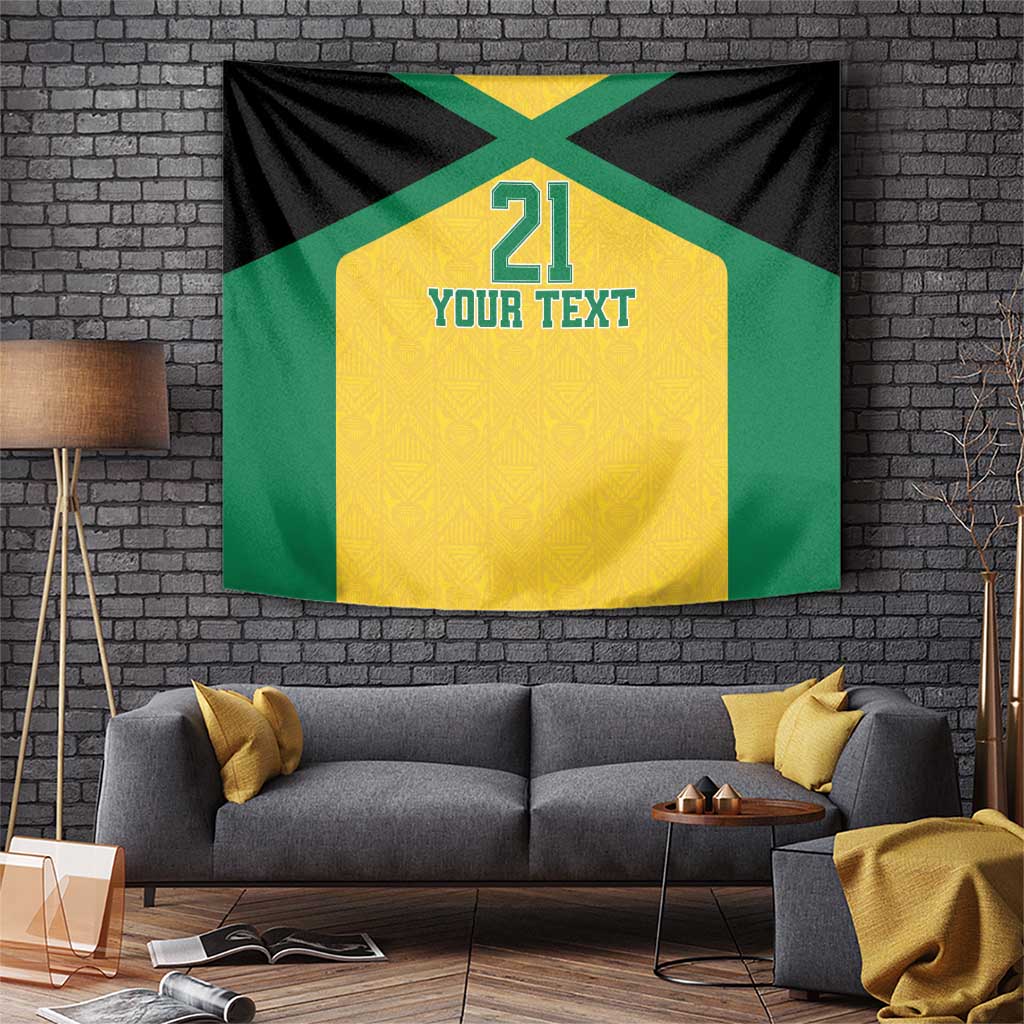 Rectangular tapestry with green sides, black X, and yellow center reading '21 YOUR TEXT'