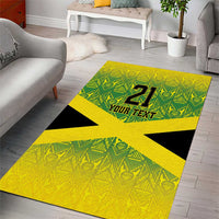 Yellow rectangular area rug with green pattern border, black star shapes, “21” and “Your Text”