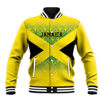 Gold baseball jacket with green emblem, black X graphic, snap front, ribbed striped cuffs