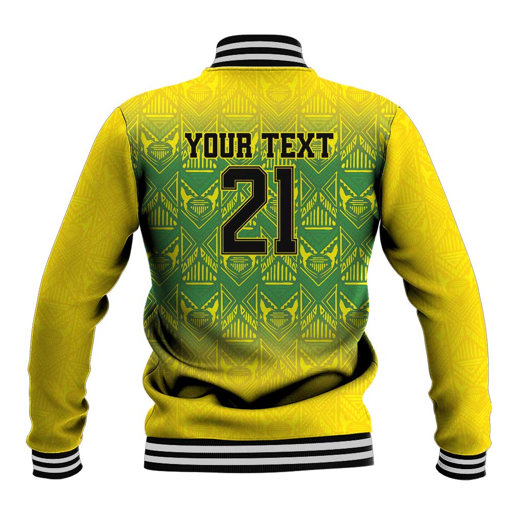 Gold baseball jacket back with green pattern, 'YOUR TEXT' 21 print, ribbed striped collar
