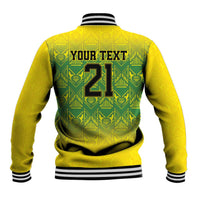 Gold baseball jacket back with green pattern, 'YOUR TEXT' 21 print, ribbed striped collar