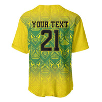 Yellow baseball jersey back with green geometric pattern and 'YOUR TEXT' above large 21