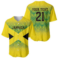 Yellow baseball jersey with Jamaica front and green patterned back; V-neck buttons, 'YOUR TEXT' 21