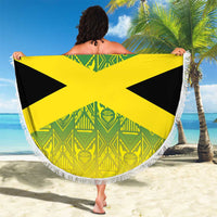 Round beach blanket with fringe, yellow Jamaican cross over green pattern, “21” and “Your Text”