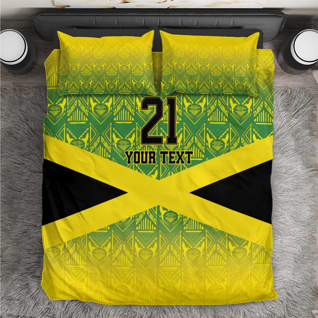 Yellow and green patterned duvet bedding set with black cross, '21 Your Text' design