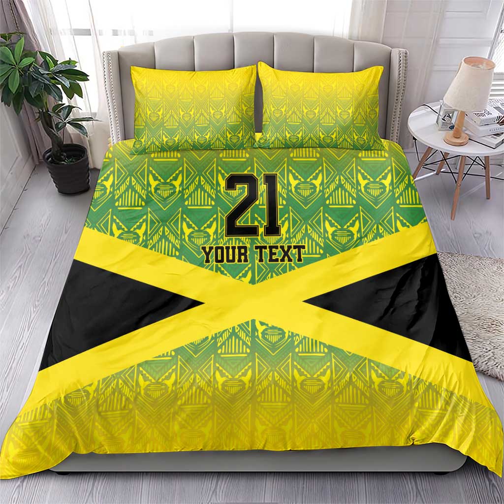 Green and yellow patterned duvet with black cross, '21 Your Text' print, two pillowcases