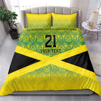 Green and yellow patterned duvet with black cross, '21 Your Text' print, two pillowcases