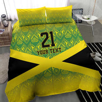 Yellow duvet set with green pattern panels, black cross, '21 Your Text' print