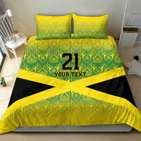 Yellow and green patterned duvet with black cross and '21 Your Text', matching pillowcases
