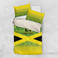 Yellow and green patterned duvet bedding set with black cross, '21 Your Text' and two pillows