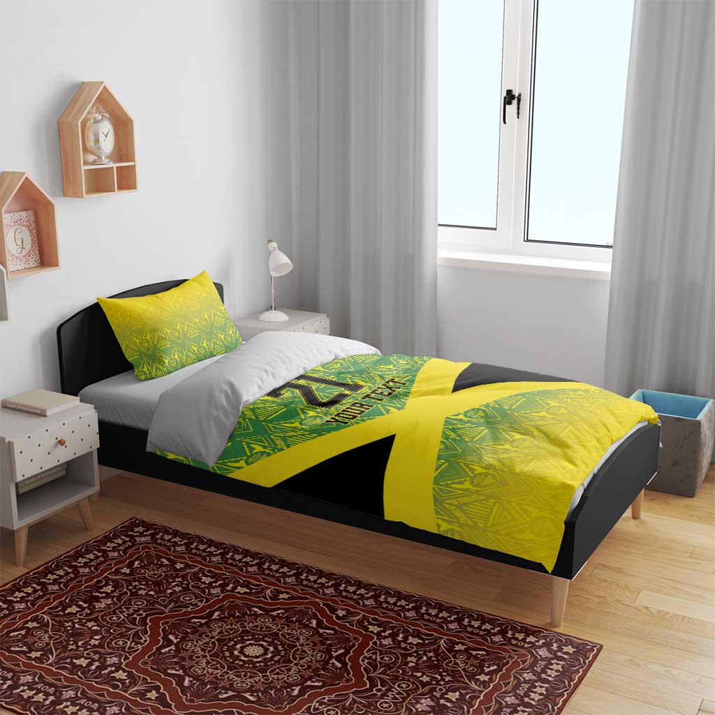 Yellow and green patterned duvet with black cross and '21 Your Text', with two matching pillows