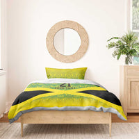 Yellow and green patterned bedding set with black cross, '21 Your Text' on duvet