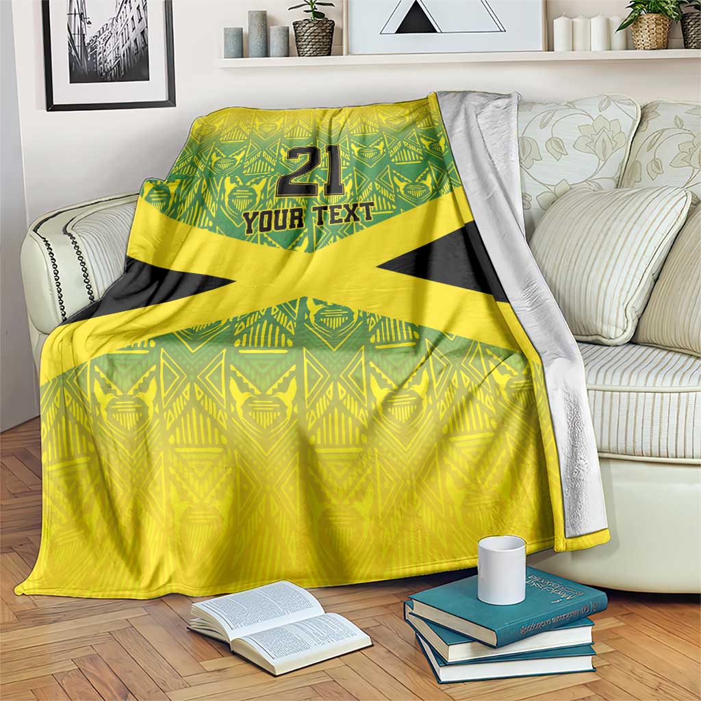 Yellow blanket with black cross, 21 and YOUR TEXT printed across the center