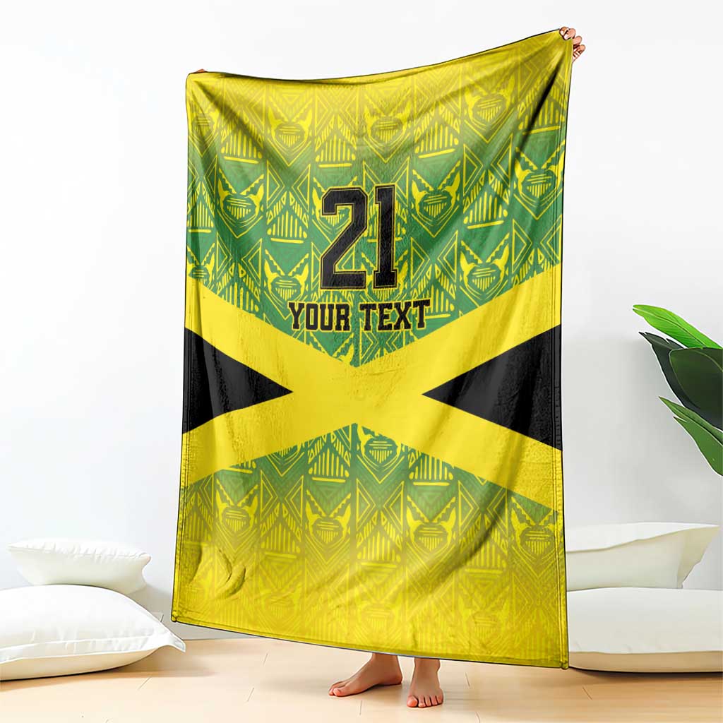 Yellow blanket with black-and-yellow cross pattern, 21 and YOUR TEXT graphic