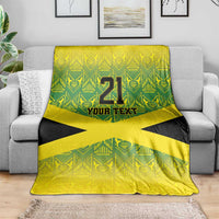 Yellow blanket with black-and-yellow cross, 21 and YOUR TEXT graphic on front