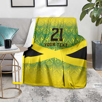 Yellow blanket draped on sofa, black cross graphic with 21 and YOUR TEXT