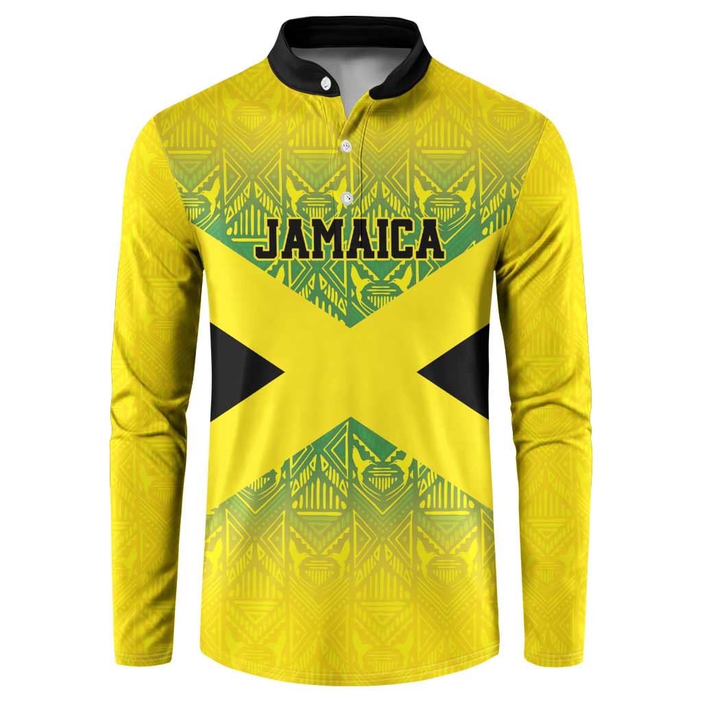 Gold button-up sweatshirt with Jamaica crest graphic and Aztec-style pattern