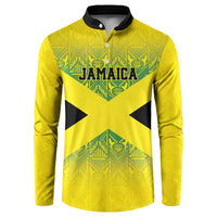 Gold button-up sweatshirt with Jamaica crest graphic and Aztec-style pattern