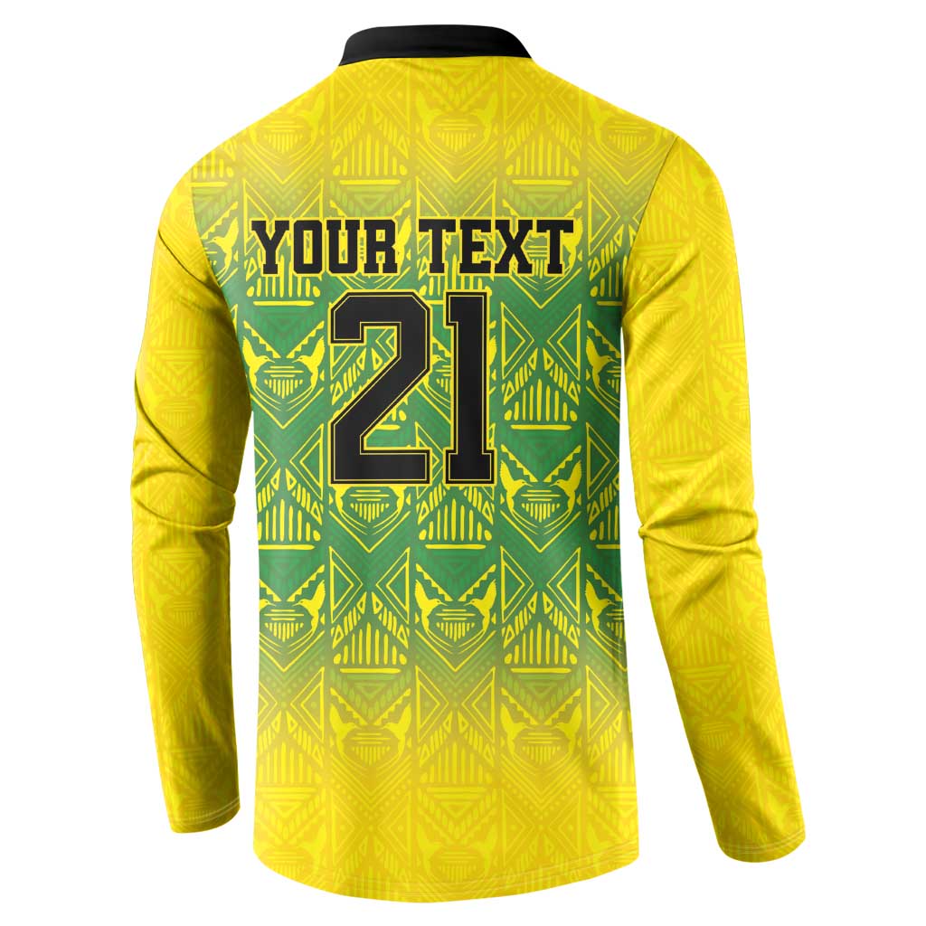 Gold button-up sweatshirt back with 'YOUR TEXT' and large 21 number over patterned fabric