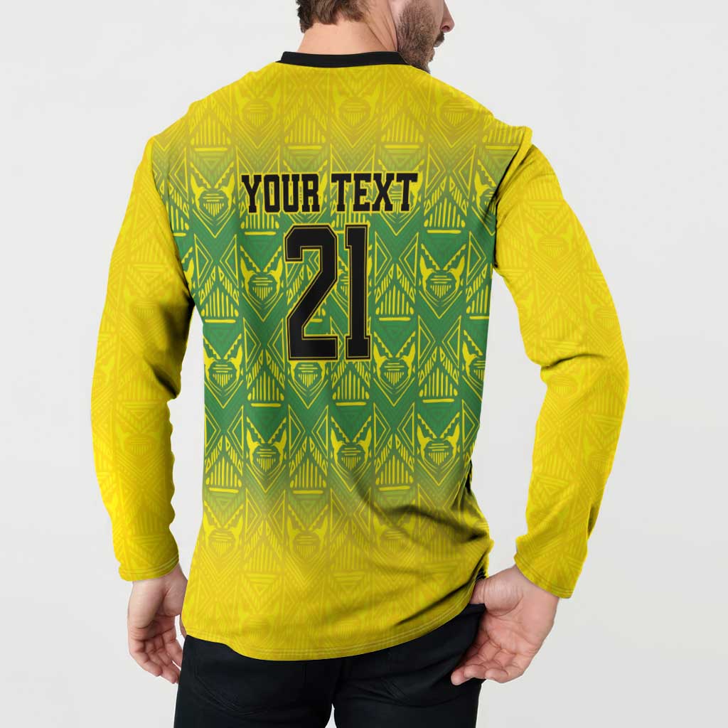 Gold button-up sweatshirt back with 'YOUR TEXT' and 21 number over geometric pattern