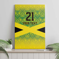 Canvas wall art with bold Jamaican cross design in green and yellow, “21 YOUR TEXT”.